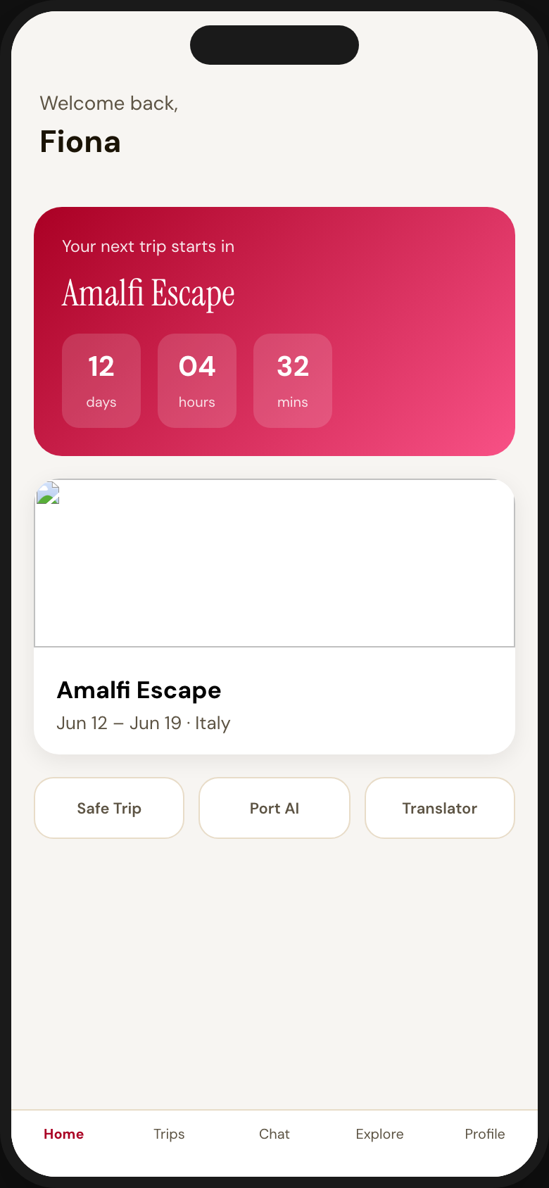 Traveler home screen with next trip